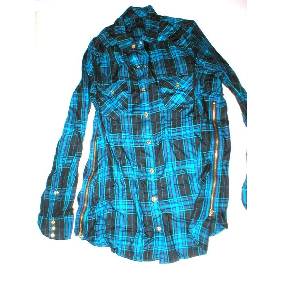New Womens Designer True Religion S Plaid Top Logo Black Aqua Blue NWT Tunic Zip - Picture 2 of 7